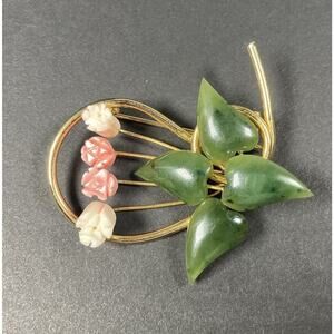 Vintage Faux Jade & Coral White Carved Rose Buds Gold Tone Pin Brooch
